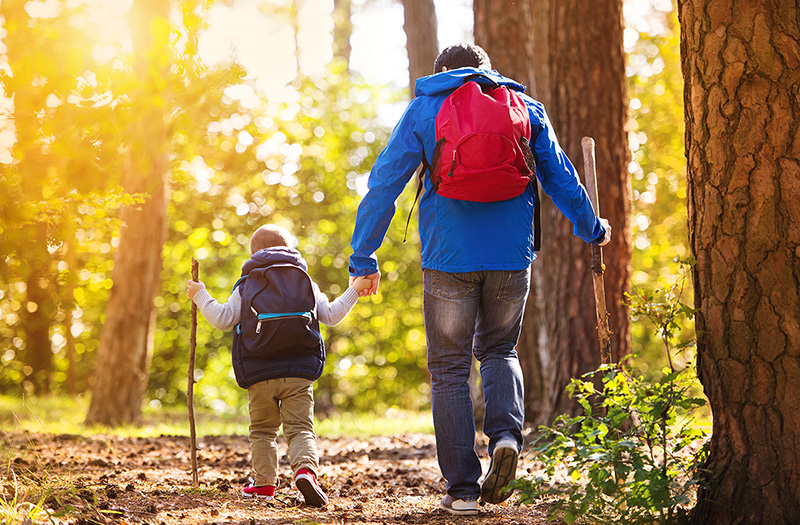 Stock photo of a young dad and his young son on a hike in the woods